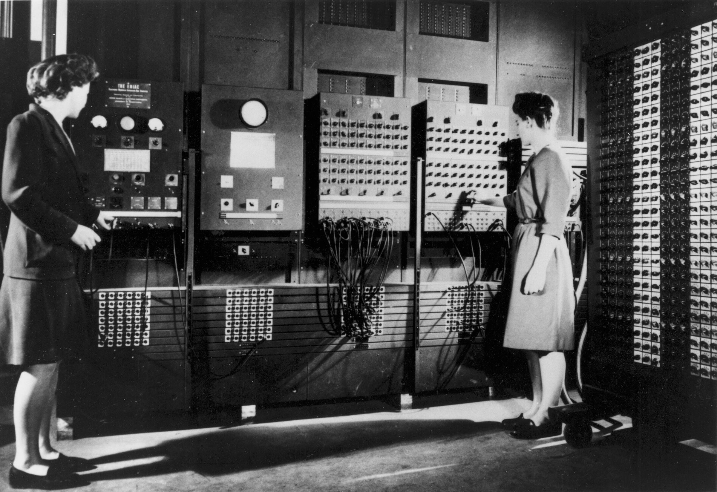Two programmers configuring ENIAC for its public demonstration, 1946